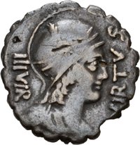 Denar serratus des Mn. Aquillius Mn. F. mit Darstellung eines Soldaten