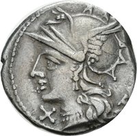 Denar der Römischen Republik mit Darstellung des Apollon in einer Quadriga