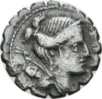Denar serratus des Ti. Claudius Nero mit Darstellung der Victoria in einer Biga
