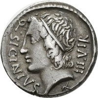 Denar der Römischen Republik mit Darstellung einer Keule und eines Löwenfells