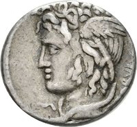 Denar des L. Cossutius Sabula mit Darstellung des Bellerophon auf Pegasus