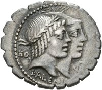 Denar serratus des Q. Fufius Calenus und des P. Mucius Scaevola Cordus mit Darstellung der Italia und der Roma