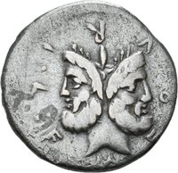 Denar des M. Furius Philus mit Darstellung der Roma