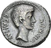 Denar des Q. Salvidienus Rufus für Octavian mit Darstellung eines Blitzbündels