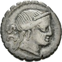Denar serratus des C. Naevius Balbus mit Darstellung der Victoria in einer Triga