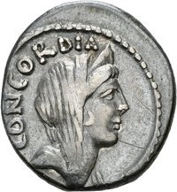 Denar des L. Mussidius Longus mit Darstellung von zwei einen Caduceus haltenden Händen