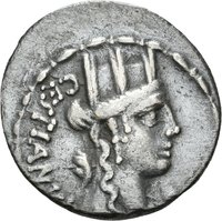 Denar des M. Plaetorius Cestianus mit Darstellung eines curulischen Stuhls