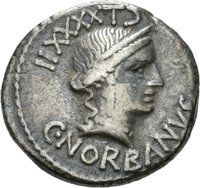 Denar des C. Norbanus mit Darstellung von Kornähre, Fasces und Caduceus