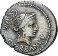 Denar des C. Norbanus mit Darstellung von Kornähre, Fasces und Caduceus