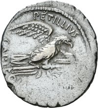 Denar des Petillius Capitolinus mit Darstellung des kapitolinischen Tempels