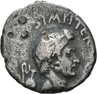 Denar des Sextus Pompeius mit Darstellung des Neptun und der catanaeischen Brüder