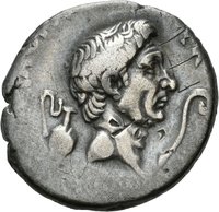 Denar des Sextus Pompeius mit Darstellung des Neptun und der catanaeischen Brüder