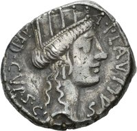 Denar des A. Plautius mit Darstellung eines knienden östlichen Herrschers