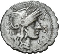 Denar serratus der römischen Republik mit Darstellung eines Kriegers in einer Biga