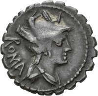 Denar serratus des C. Publicius mit Darstellung des Hercules