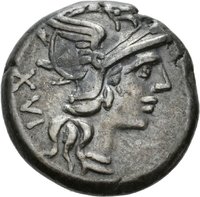 Denar des C. Titinius mit Darstellung der Victoria in einer Biga