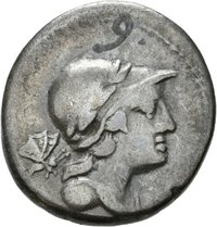 Denar des M. Volteius mit Darstellung der Kybele in einer Löwenbiga