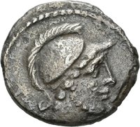 Denar des D. Iunius Brutus Albinus mit Darstellung von zwei Carnyces