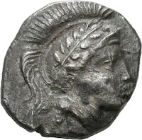 Diobol aus Tarent (Apulien) mit Darstellung des Herakles