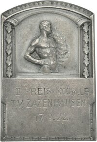 Plakette für den 2. Platz im Hundertmeterlauf des T.V. Zazenhausen 1922