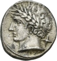Silbermünze aus Populonia (Etrurien) mit Darstellung des Aplu/Apollon