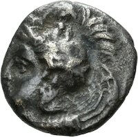 Diobol aus Tarent (Apulien) mit Darstellung des Herakles