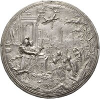 Bleiplakette mit Darstellung der Minerva, die die Malerei in den Kreis der sieben freien Künste einführt