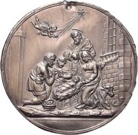 Runde Silberplakette mit Darstellung der Anbetung des Jesuskindes