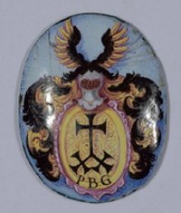 Uhrendeckel aus Kupferemail mit Wappen