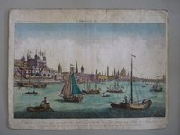 Guckkastenbild der Reihe "Augsburger Folge" mit Ansicht von London von Südosten mit Blick zum Tower und zur London Bridge