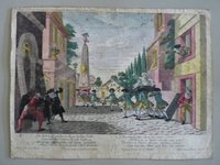 Guckkastenbild der Reihe "Der Schwätzer und der Leichtgläubige", Tafel 7 mit Stadtszene mit Sargträgern und auferstehendem Pirot