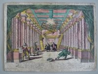 Guckkastenbild der Reihe "Der Schwätzer und der Leichtgläubige", Tafel 10 mit Szene in einem Saal mit Pirot als Frosch