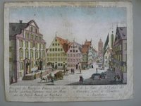 Guckkastenbild der Reihe "Augsburger Folge" mit Darstellung des Barfüßerturms neben der Barfüßerkirche in Augsburg
