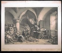 Lithographie mit Darstellung einer Gerichtsverhandlung in gotischem Raum