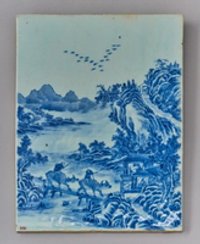 Porzellanplatte mit Flusslandschaft in Blaumalerei