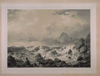 Lithographie mit Darstellung einer Küstenlandschaft mit hohem Seegang