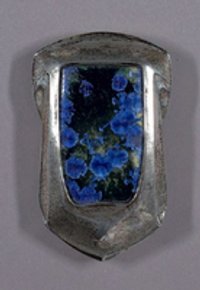 Silberne Gürtelschließe mit Fayenceflächen und blauer Kristallisationsglasur