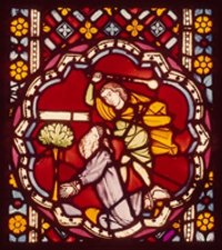 Teil eines Kirchenfensters mit Darstellung der Stäupung des Propheten Jeremias