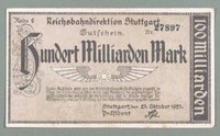 Geldschein der Reichsbahndirektion Stuttgart 100 Milliarden Mark 1923