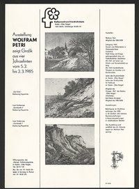 Austellungswerbung: "Wolfram Petri zeigt Grafik aus vier Jahrzehnten" vom 05.02. bis zum 02.03.1985