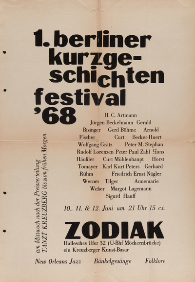 Plakat zum "1. Berliner Kurzgeschichtenfestival", 1968