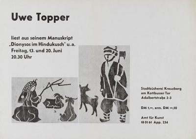 Plakat zur Manuskriptlesung "Dionysos im Hindukusch" des Künstlers Uwe Topper, 1969