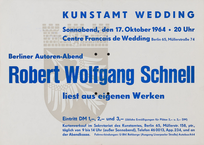 Plakat zur Autorenlesung des Künstlers Robert Wolfgang Schnell, 1964