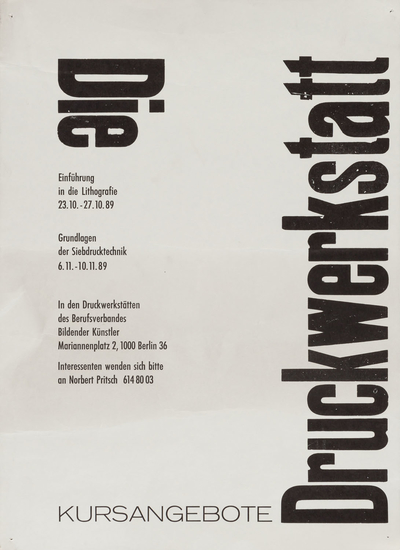 Plakat der "Druckwerkstatt" mit Kursangeboten, 1989