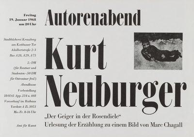 Plakat zur Lesung des Künstlers Kurt Neuburger "Der Geiger in der Rosendiele", 1968