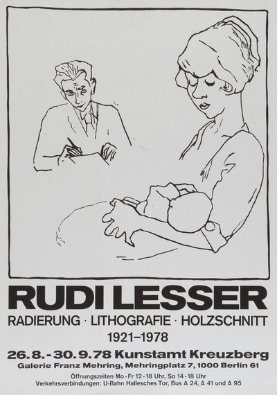 Ausstellungsplakat "Radierung Lithografie Holzschnitt" des Künstlers Rudi Lesser, 1978