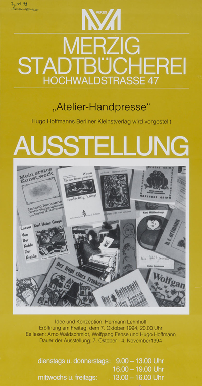 Ausstellungsplakat "Atelier-Handpresse, Hugo Hoffmanns Berliner Kleinstverlag wird vorgestellt", 1994