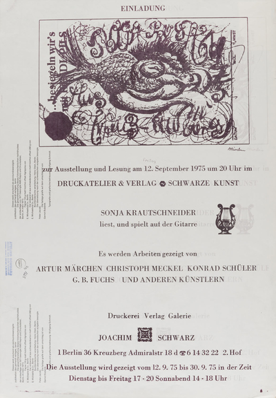 Plakat zur Ausstellung von Kreuzberger Künstlern und Lesung der Autorin Sonja Krautschneider, 1975