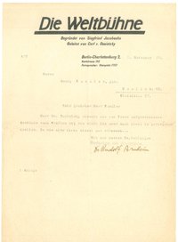 Brief von Rudolf Arnheim, Die Weltbühne