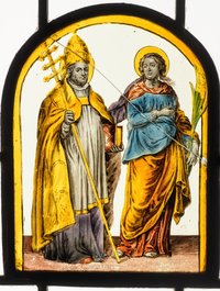 Zwei Heilige mit Papstkreuz, Tiara und Palmwedel